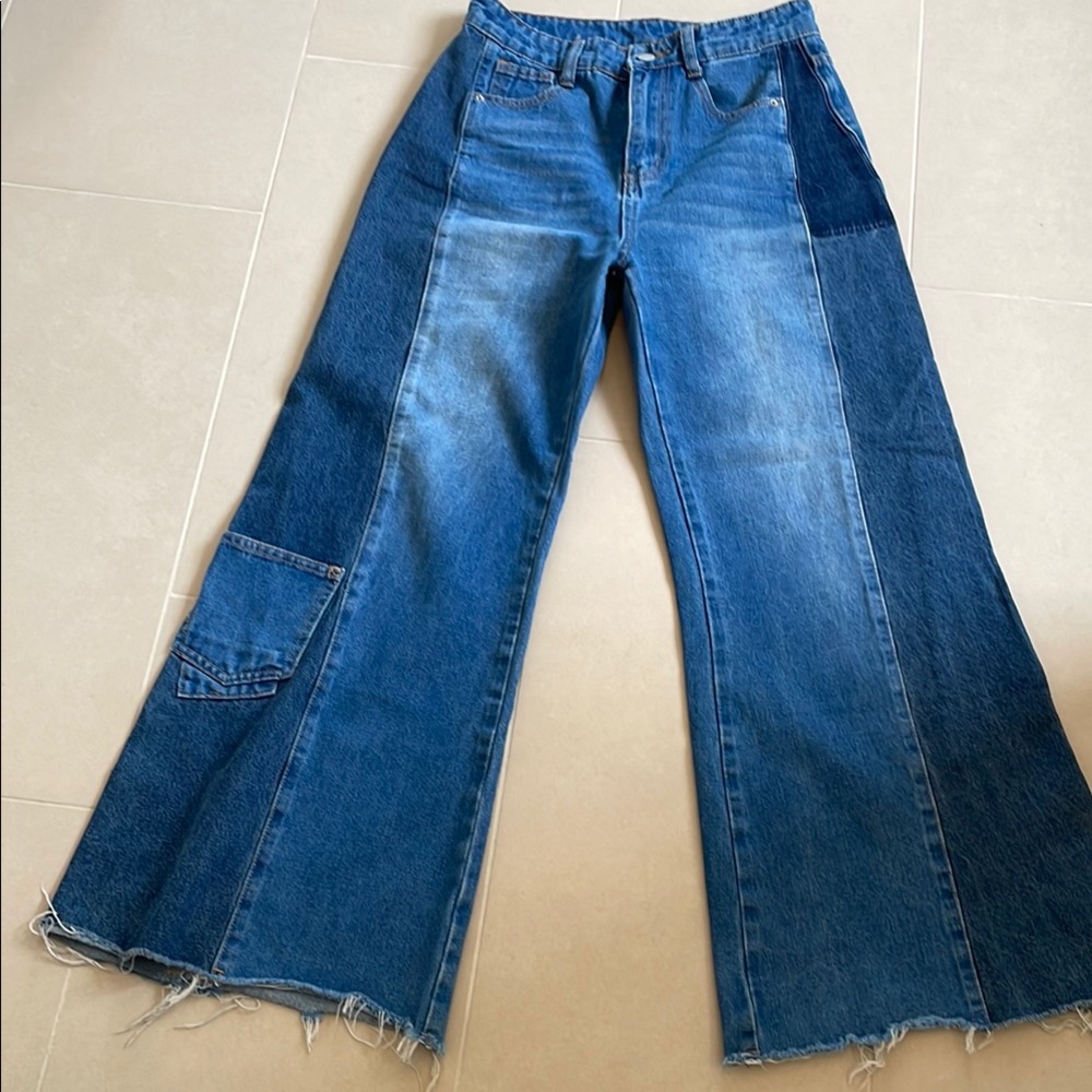 High Rise Wide-Leg Patchwork Blue Denim Jeans - Women's